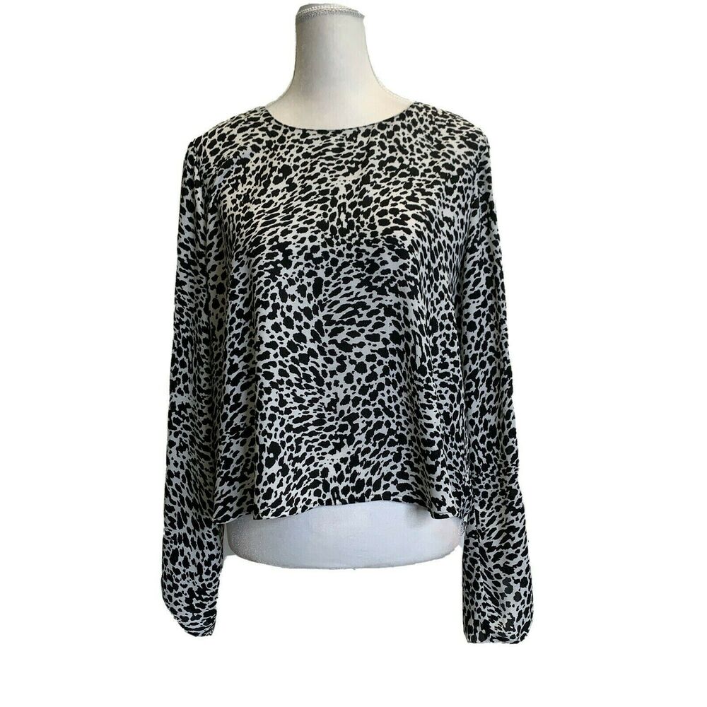 Vince Camuto Women Black White Leopard Print Blouse Top Long Sleeve Sz large